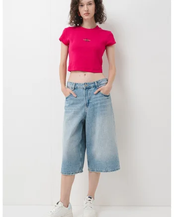Tricou crop cu logo, Fucsia