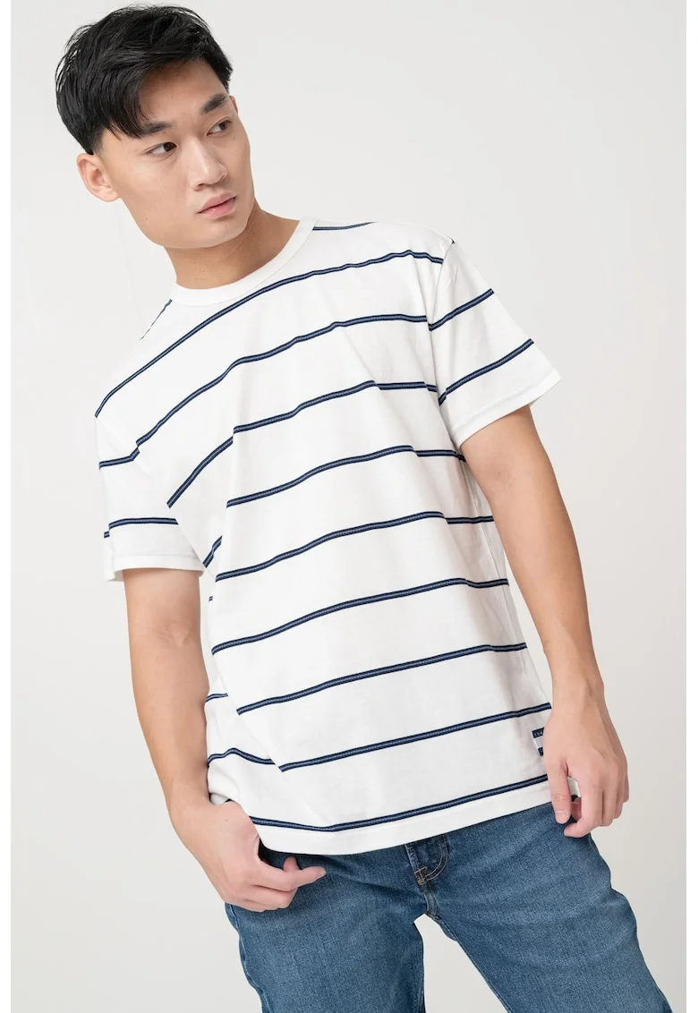 Tricou cu decolteu la baza gatului si model in dungi, Alb/Albastru ultramarin