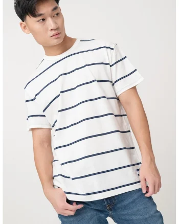 Tricou cu decolteu la baza gatului si model in dungi, Alb/Albastru ultramarin