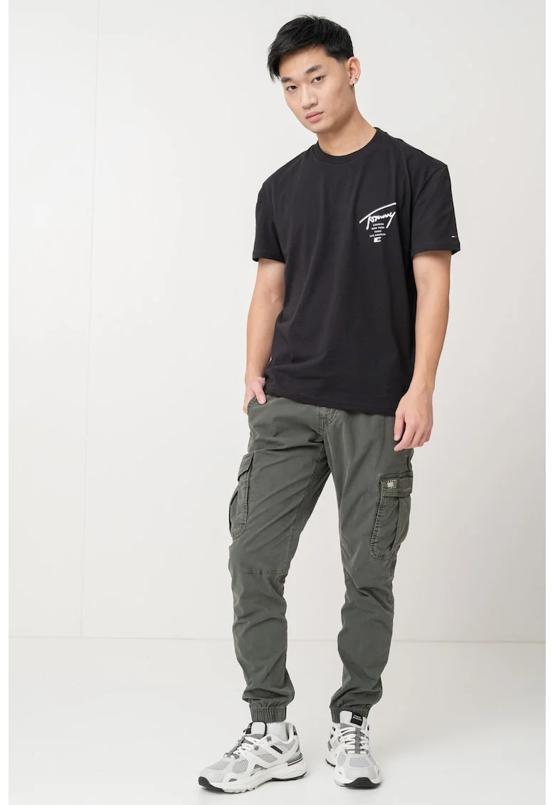 Tricou de bumbac cu imprimeu logo pe partea din spate Signature, Negru/Alb optic/Gri inchis