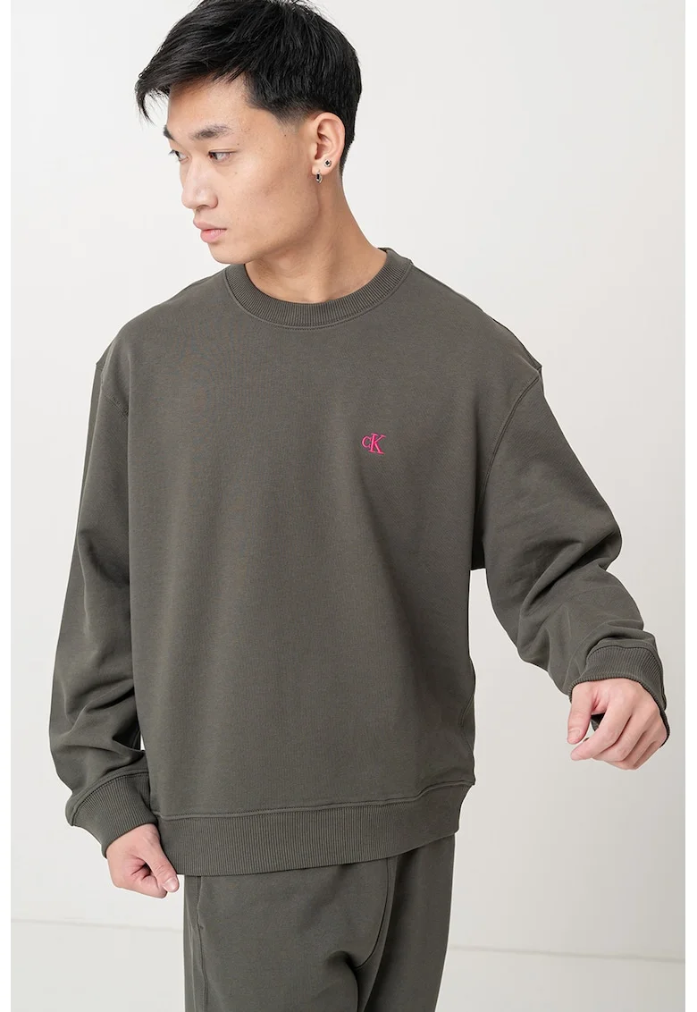 Bluza de trening din bumbac cu maneci usor cazute, Verde inchis
