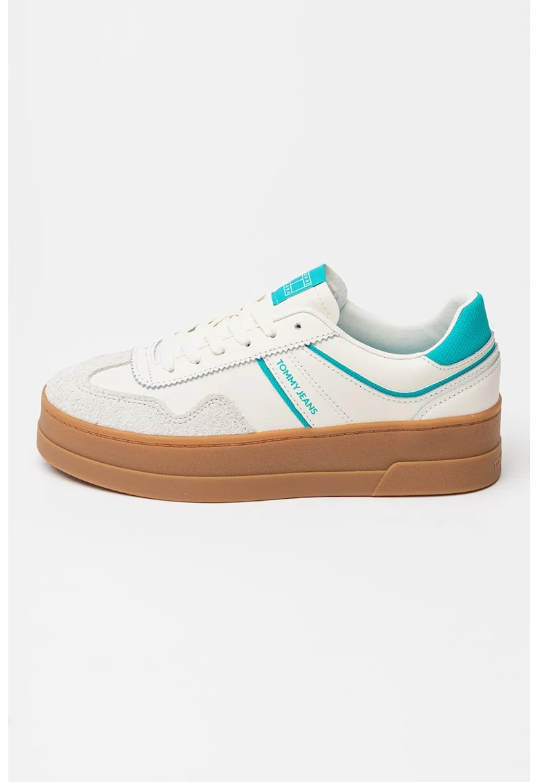 Pantofi sport flatform din piele, Caramel/Alb murdar/Verde menta