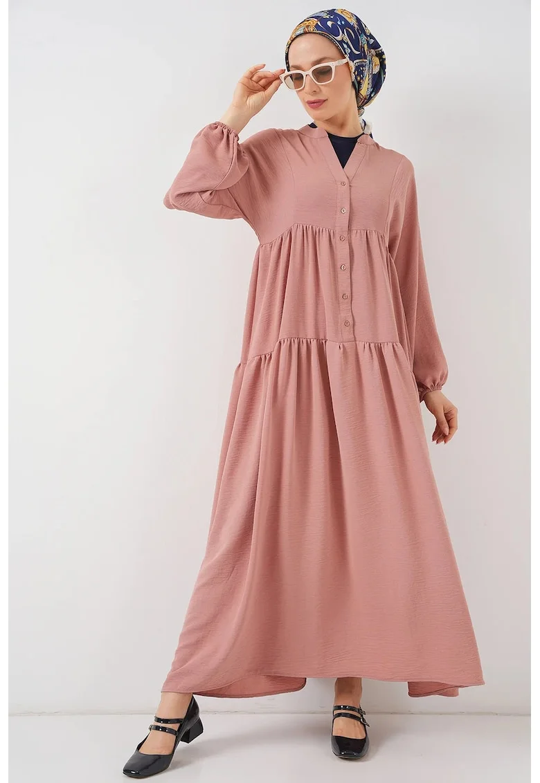 Rochie maxi dama, HiCCUP, elastan/poliester, decolteu in V, inchidere cu nasturi, roz