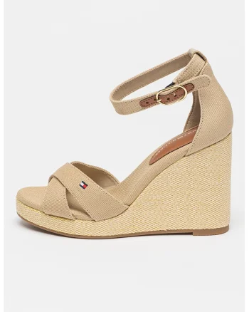 Sandale cu talpa wedge si broderie logo, Maro camel