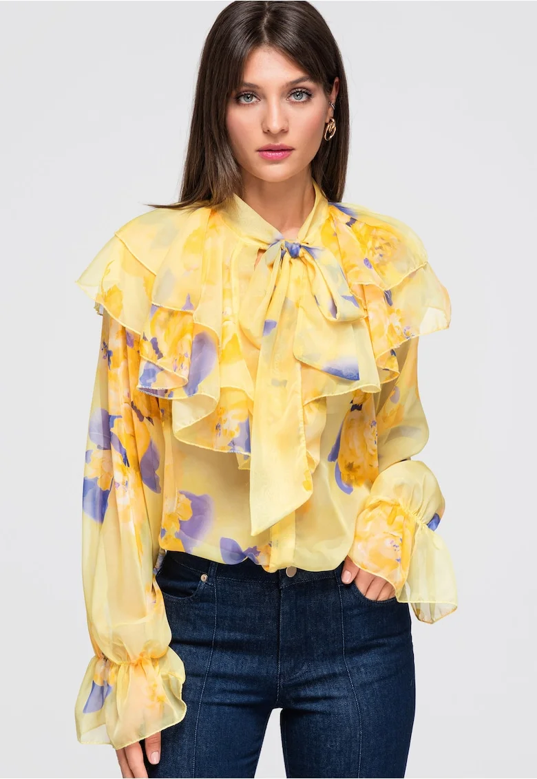 Camasa dama lunga cu volane si legatura la gat, fit lejer, OW-SH-E0043, Galben