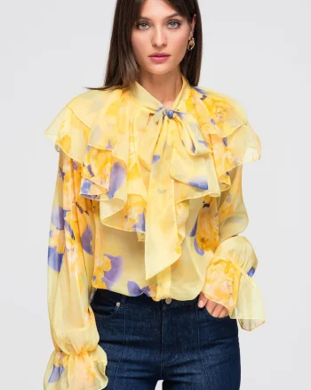 Camasa dama lunga cu volane si legatura la gat, fit lejer, OW-SH-E0043, Galben