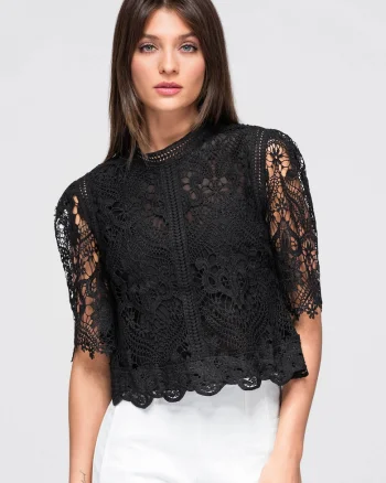 Bluza dama scurta cu decolteu inchis si maneci scurte din dantela OW-TS-E0044, Negru