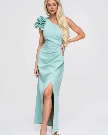 Rochie elegantă maxi cu drapare și decolteu asimetric LA-OM-DLR377, Verde