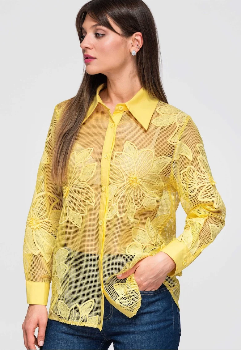Camasa dama lunga cu guler clasic si maneci lungi, transparenta cu broderie florala OW-SH-E0048, Galben