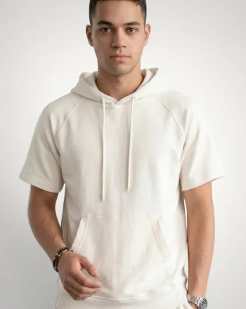 Tricou barbati cu gluga si buzunar central, Bumbac premium, Alb