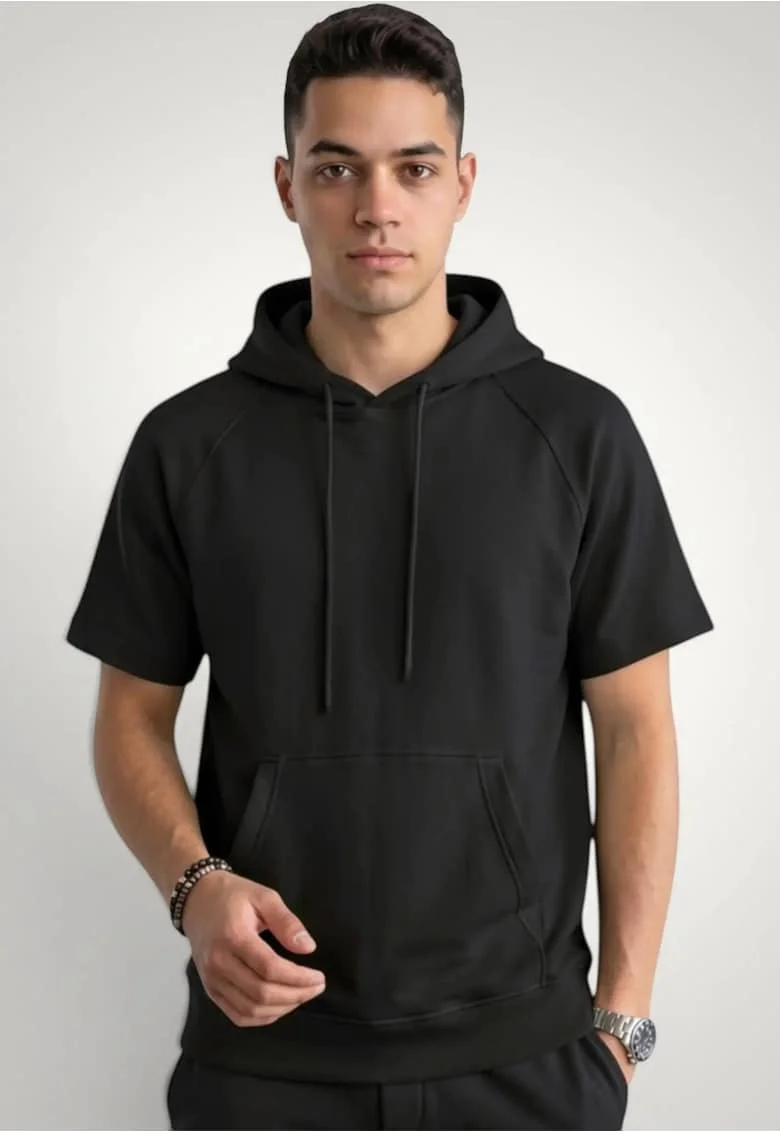 Tricou barbati cu gluga si buzunar central, Bumbac premium, Negru