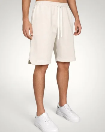 Pantaloni scurti Barbati cu Tiv asimetric din Bumbac premium, Alb murdar