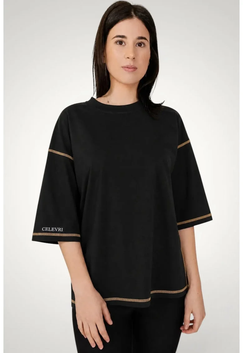 Tricou dama, oversize, cusaturi decorative, bumbac premium, Negru