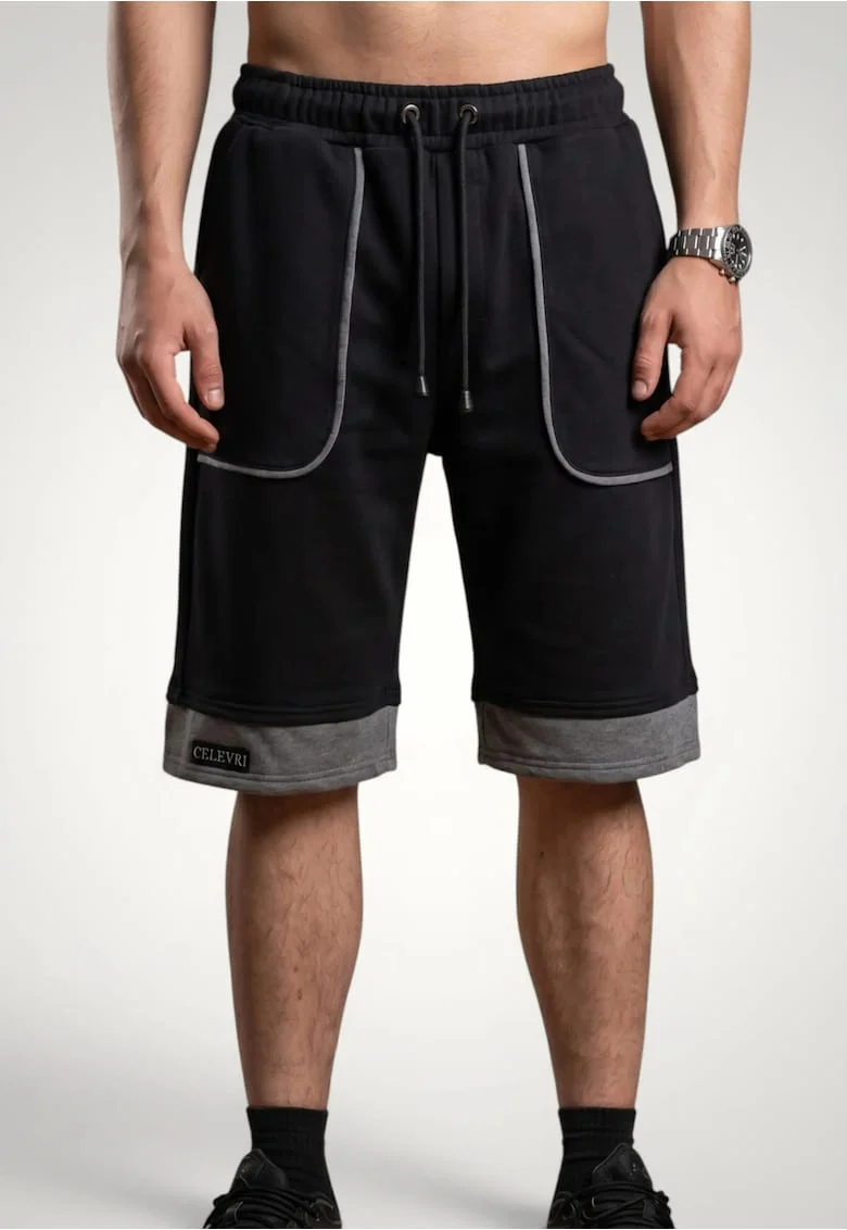 Pantaloni scurti barbati cu buzunare conturate din bumbac premium, Negru