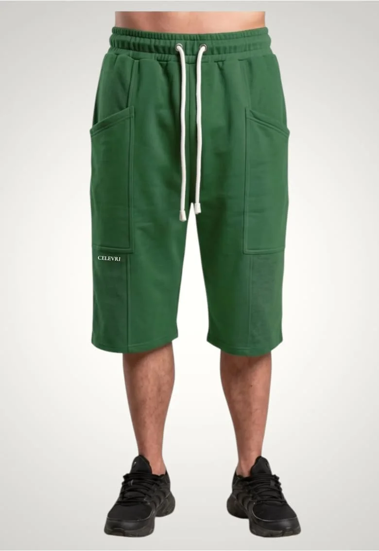 Pantaloni scurti 3/4 pentru barbati cu buzunare aplicate din bumbac premium, Kaki