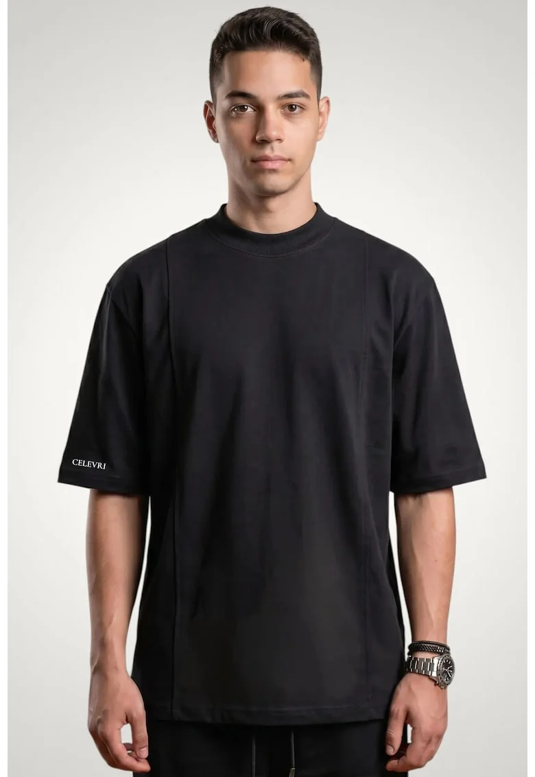 Tricou pentru barbati din bumbac premium, cusaturi ornamentale, Negru