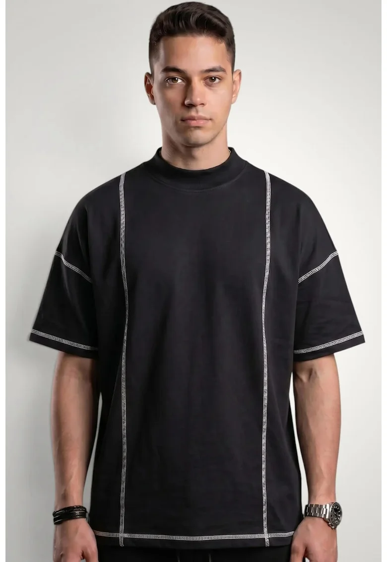 Tricou pentru barbati cu detalii contrastante din bumbac premium, Negru
