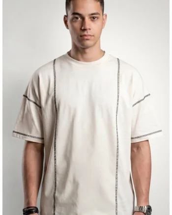 Tricou pentru barbati cu detalii contrastante din bumbac premium, Alb murdar