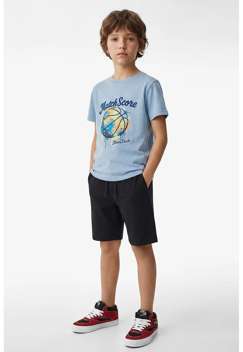 Tricou de bumbac cu imprimeu baschet, Albastru pastel/Portocaliu