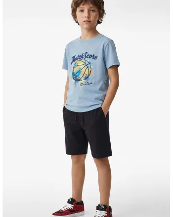 Tricou de bumbac cu imprimeu baschet, Albastru pastel/Portocaliu