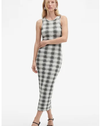 Rochie fara maneci cu model in carouri, Alb fildes/Gri antracit