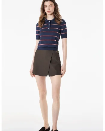 Fusta-pantalon mini cu catarama decorativa, Maro inchis