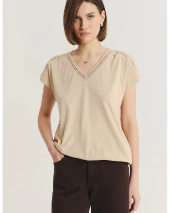 Tricou din amestec de modal cu decolteu in V, Bej sampanie