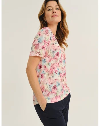 Bluza cu model floral, Alb/Albastru pastel/Roz deschis/Verde pal
