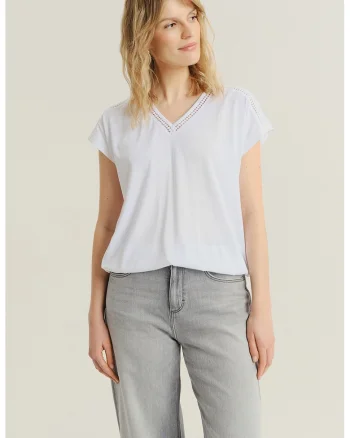 Tricou din amestec de modal cu decolteu in V, Alb optic