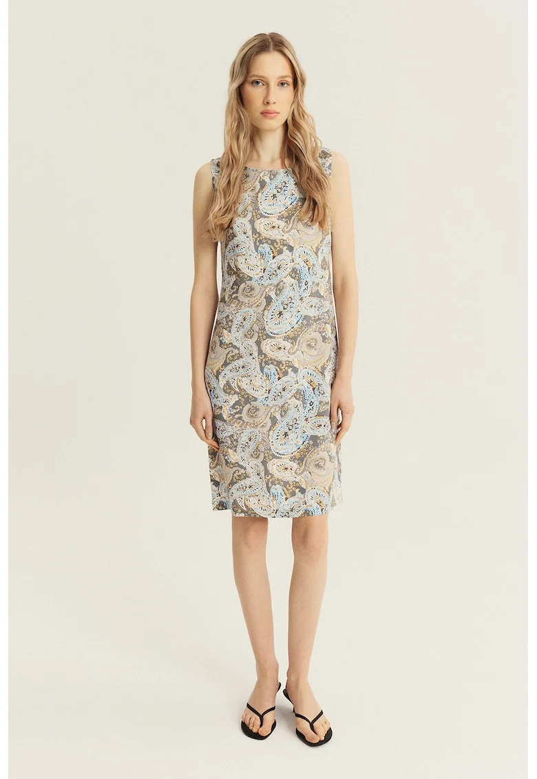 Rochie cu croiala dreapta si imprimeu floral, Albastru deschis/Galben mustar/Gri marmorat