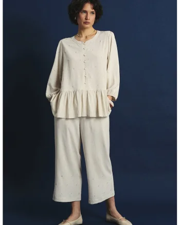 Pantaloni din amestec de in cu croiala ampla, Bej deschis