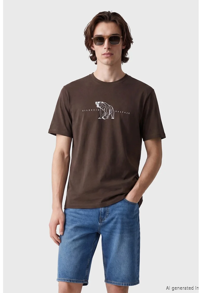 Tricou cu imprimeu grafic si decolteu la baza gatului, Maro pamantiu