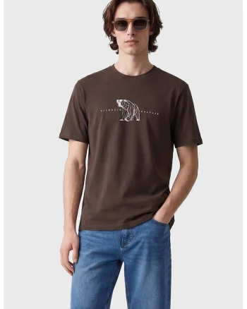 Tricou cu imprimeu grafic si decolteu la baza gatului, Maro pamantiu