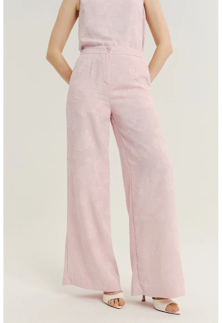 Pantaloni brodati cu croiala ampla, Roz pastel