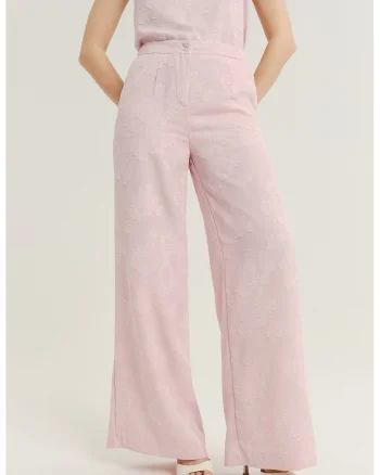 Pantaloni brodati cu croiala ampla, Roz pastel