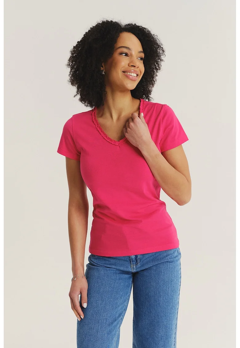 Tricou slim fit din amestec de bumbac cu decolteu in V, Roz aprins
