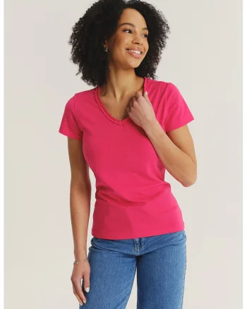Tricou slim fit din amestec de bumbac cu decolteu in V, Roz aprins
