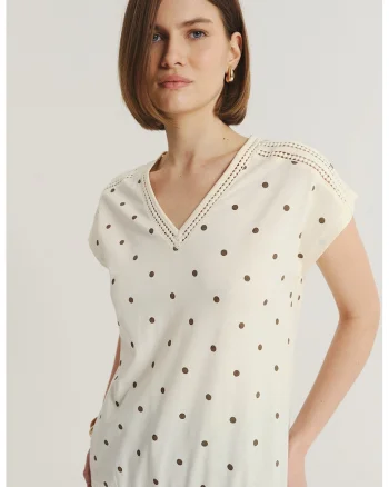 Tricou din amestec de modal cu decolteu in V, Alb fildes/Maro cafeniu