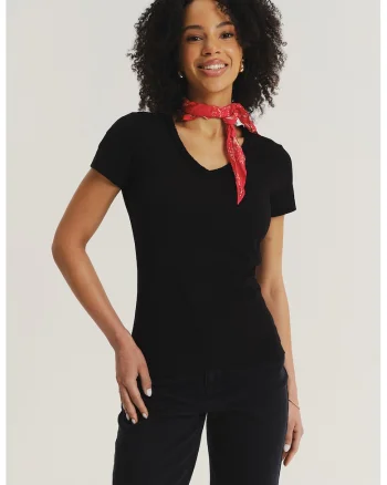 Tricou slim fit din amestec de bumbac cu decolteu in V, Negru