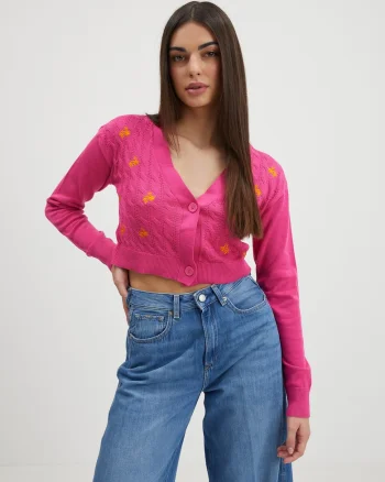 Cardigan crop cu detalii brodate