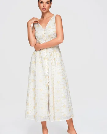 Rochie midi rozkloszata cu decolteu in V si broderie florala OW-DLR-E0015, Alb