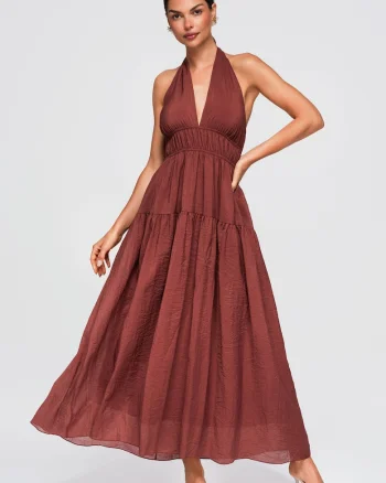Rochie maxi eleganta cu decolteu in V si spate descoperit OW-DLR-E0001, Maro