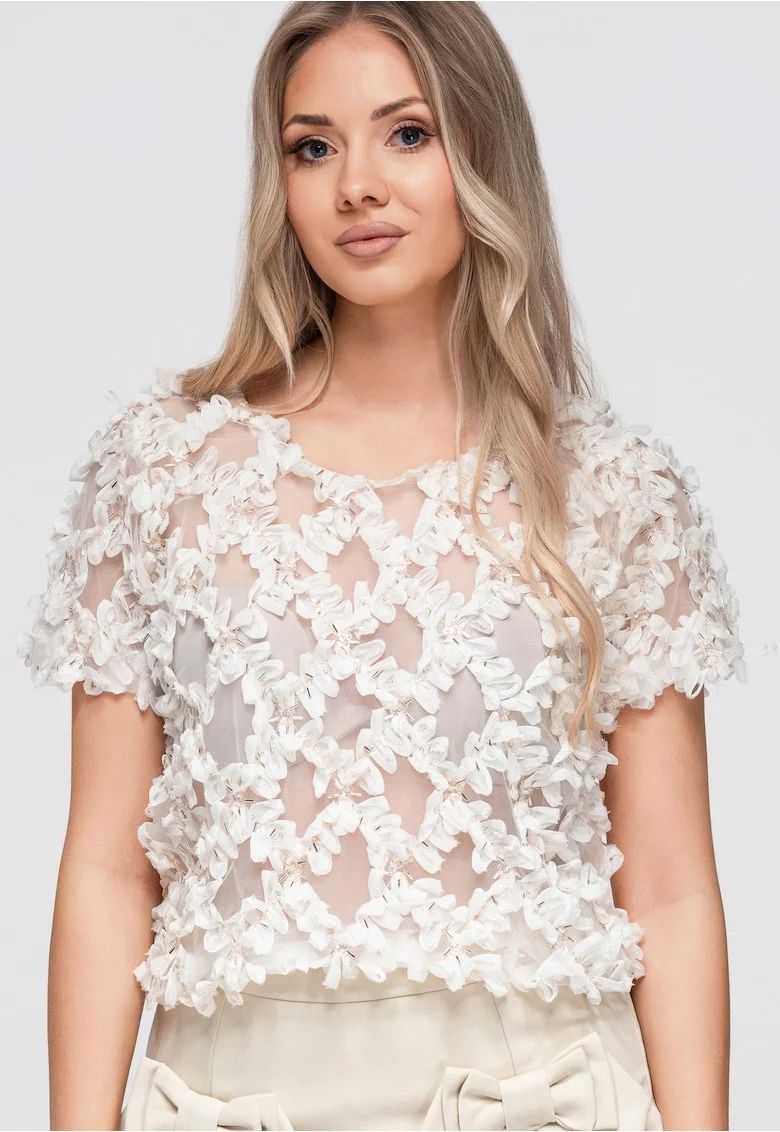 Bluza dama scurta cu aplicatii florale si decolteu rotund OW-TS-E0062, Bej