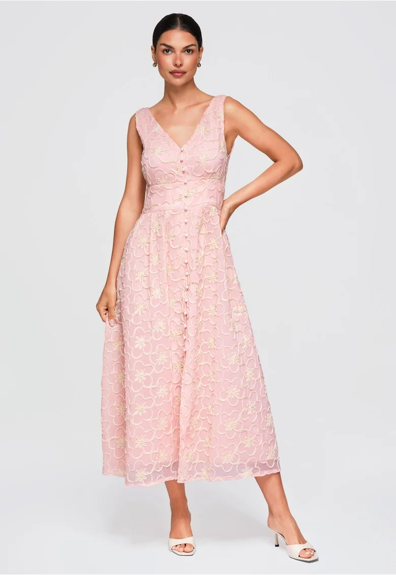 Rochie midi rozkloszata cu decolteu in V si broderie florala OW-DLR-E0015, Roz