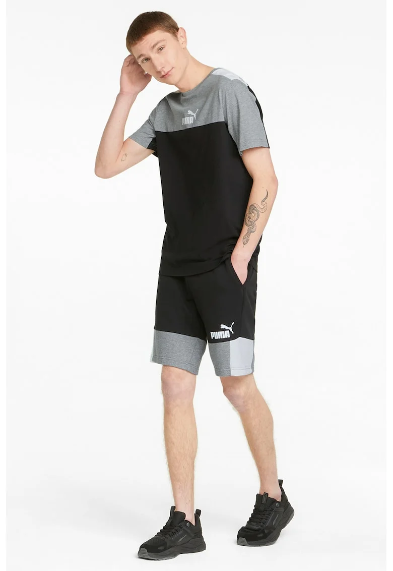 Pantaloni scurti cu model colorblock si talie elastica, Alb/Negru/Gri melange
