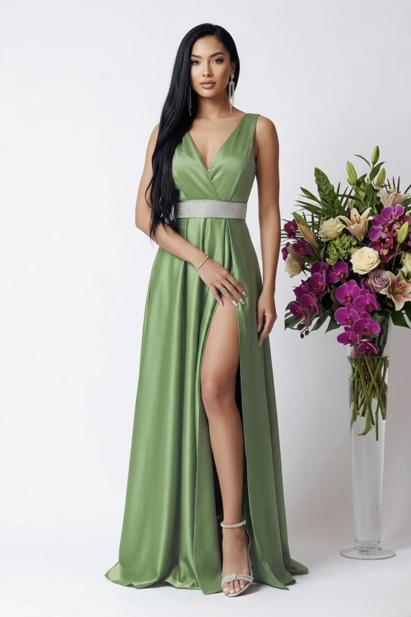Rochie eleganta din tafta fistic cu slit pe picior si decolteu in V