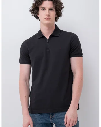 Tricou cu guler polo cu fermoar, Negru