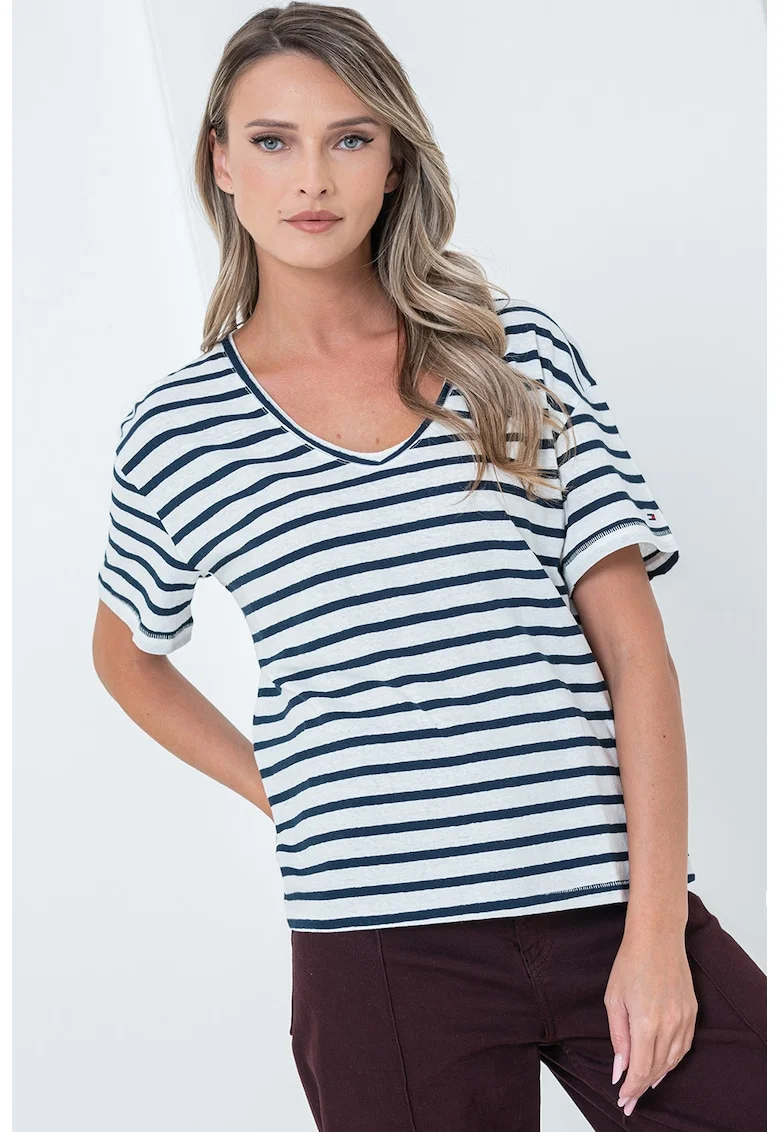 Tricou lejer din amestec de in cu model in dungi si decolteu in V, Alb murdar/Bleumarin