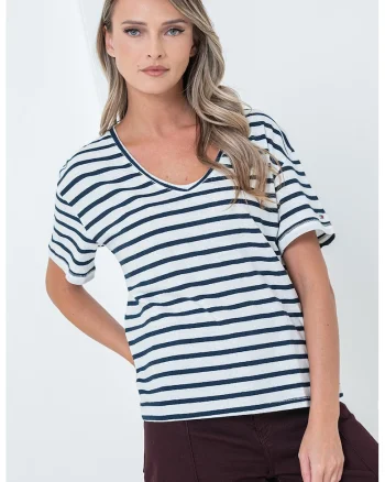 Tricou lejer din amestec de in cu model in dungi si decolteu in V, Alb murdar/Bleumarin