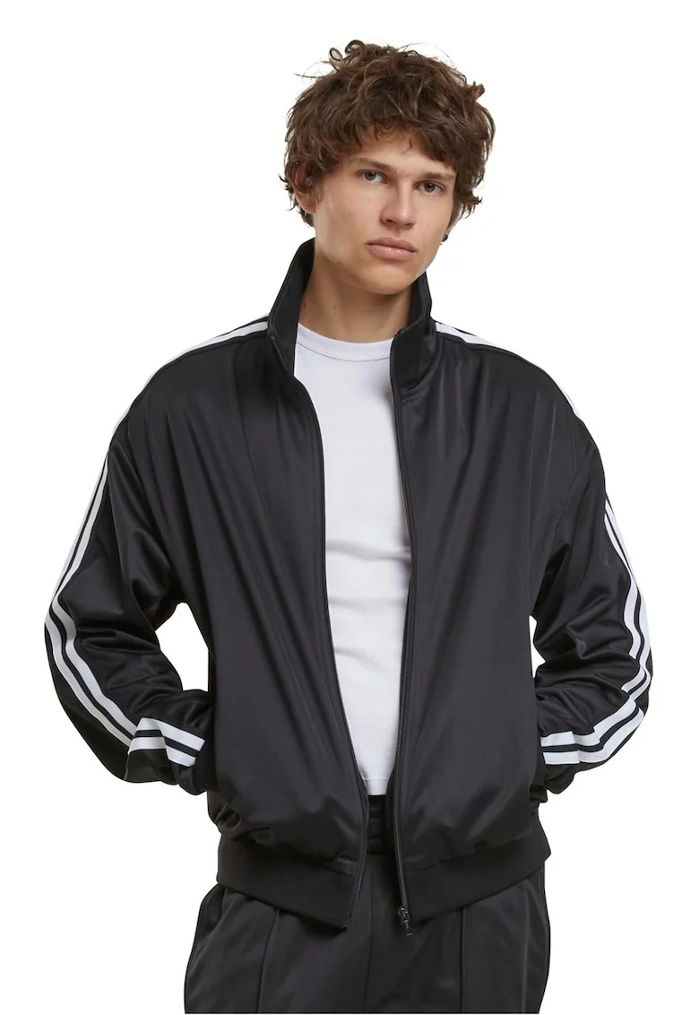 Bluza de trening cu fermoar cu benzi contrastante pe maneci, Negru
